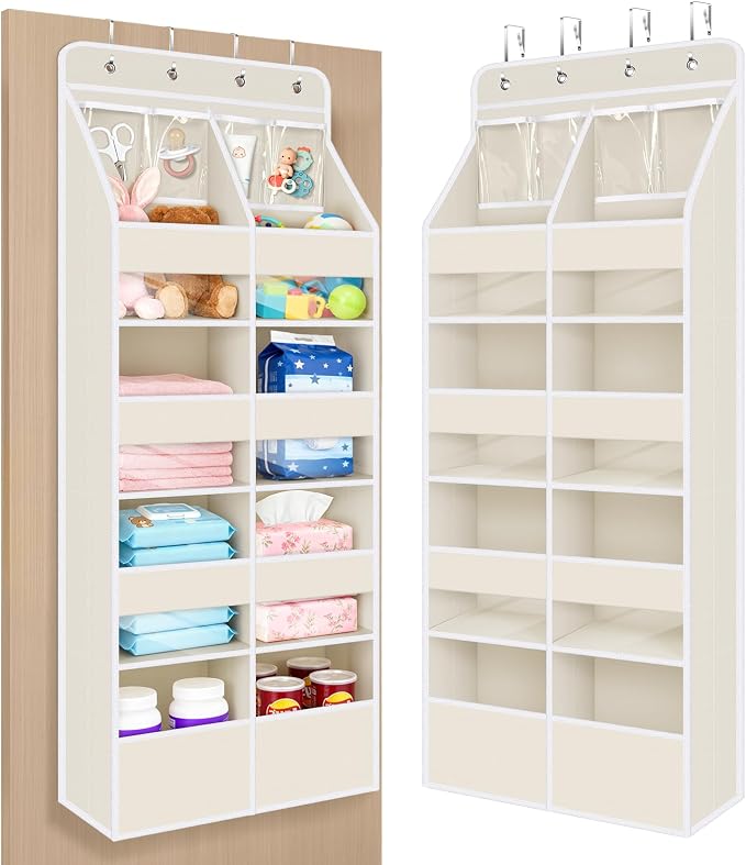 Univivi Upgraded Over the Door Organizer for Baby Nursery, Beige, 5-Shelf | Fabric Door Organizer with Clear Window Deep Pockets, Over Door Hanging Organizer for Baby Essential, Bedroom, and Dorm by Univivi