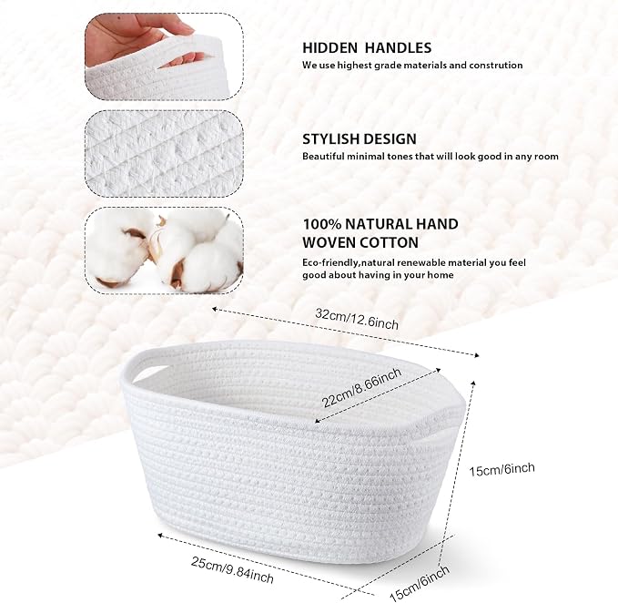 Sawysine 6 Pcs Storage Baskets Bulk for Organizing Cotton Rope Woven Basket with Handles for Gift Cloth Shelves Blanket Toys Living Room(White) - Image 2