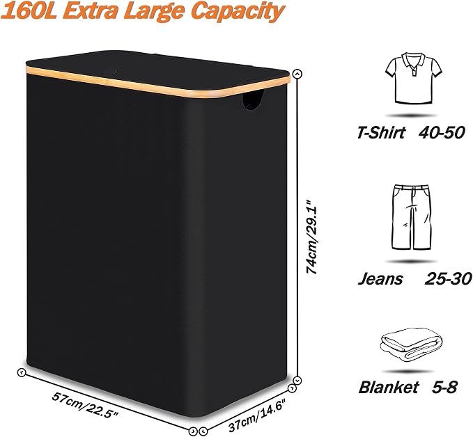 efluky Laundry Hamper with Lid, Trio Laundry Basket with 2 Removable Bags, 3 Section Laundry Bin with Bamboo Handles for Bathroom, Bedroom & Laundry Room, 160L (42.3 Gallon) Black - Image 2