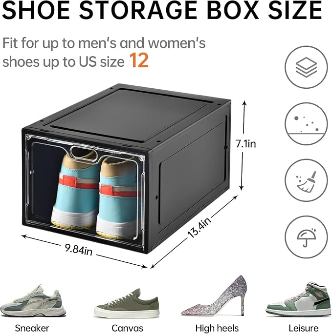 INSTY 12 Pack Large Shoe Storage Box, Clear Shoe Storage Organizer with Magnetic Door, Stackable,Shoe Containers For Display Sneakers, Easy Assembly, Fit up to US Size 12, Black - Image 2