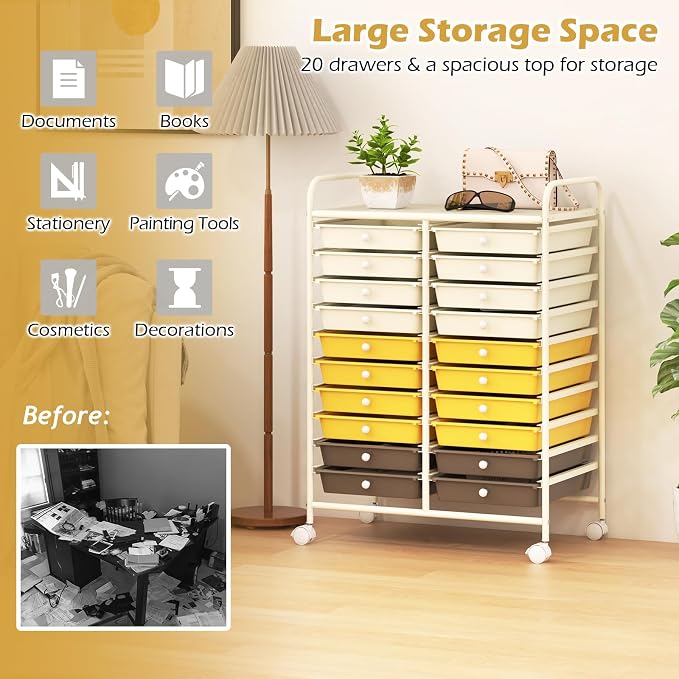 RELAX4LIFE 20 Drawer Rolling Storage Cart, Mobile Rolling Cart w/Drawers for School Classroom Teacher Office Home Salon, Paper File Art Supply Craft Organizer, Utility Cart on Wheels (Yellow) - Image 4