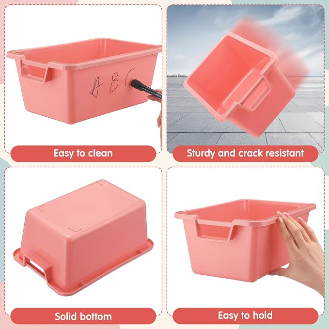 Thyle 18 Pieces Plastic Cubby Bins with Labels 11.6 x 7.7 x 5 Inch Classroom Book Bins Stacking Storage Container Organizer Storage Cubbies for Classroom Office (Morandi Color2) - Image 3