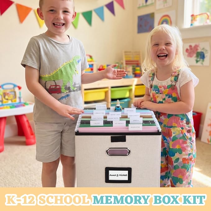School Memory Organizer Box Kit K-12 School Year Memory Keepsake with 24 Different Memorys Questionnaire 24 Hanging File Folder 2 Label for Kid Storage Picture File Keeper(Neutral,Beige,Linen) - Image 2