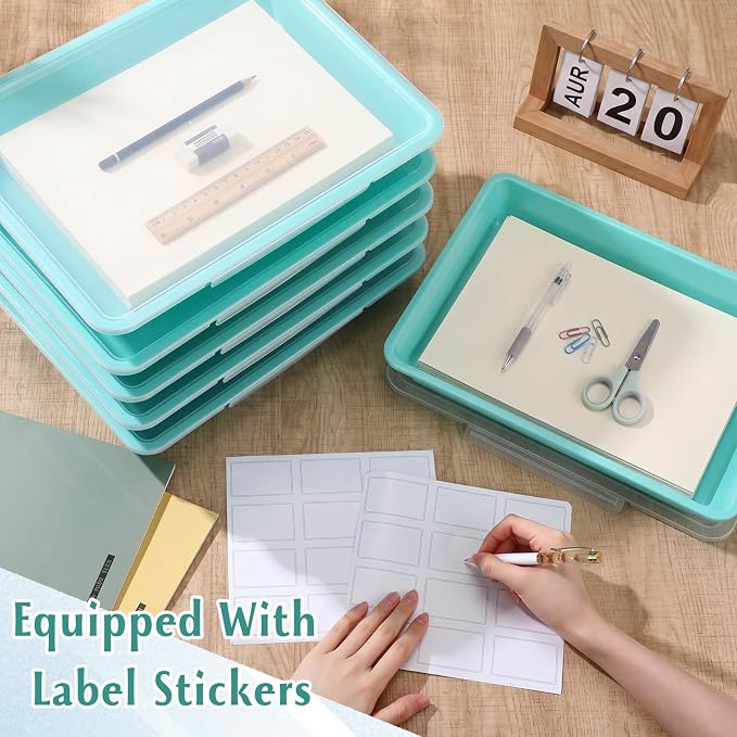12 Pcs Classroom Paper Storage Bins with Clear Latching Lid, Label Stackable Letter Size Flat Tray Container for Teacher Back to School Supplies Home Office Desk Arts Crafts (Teal,13x10in) - Image 5