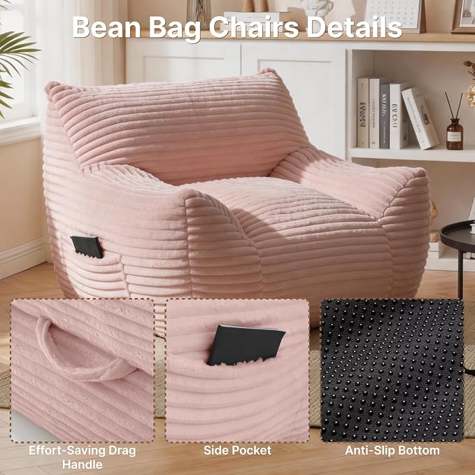 Bean Bag Chair for Adults & Kids, Giant Bean Bag Sofa with Side Pocket, Corduroy Beanbag Chair with Armrests, Comfy Stuffed Floor Sofa for Living Room Bedroom Dorm, Pink - Image 6
