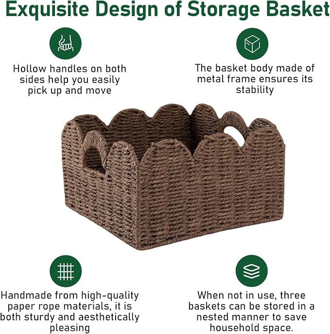 OIAHOMY Scalloped Wicker Baskets, Hand-woven Storage Baskets with Built-in Handles, Paper Rope Shelf Baskets for Organizing and Decoration, Set of 3-Brown - Image 5