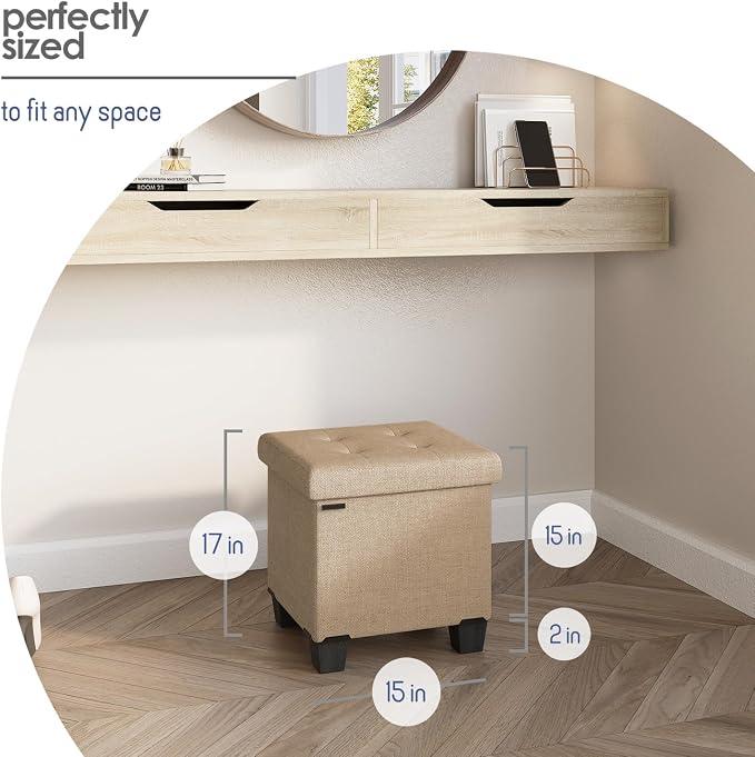 Storage Ottoman Cube with Small Bin, 15-in Square Ottoman with Storage for Living Room and Bedroom, Small Ottomans Foot Rest, Fabric Foot Stools Ottomans Max 330lbs, Taupe - Image 8