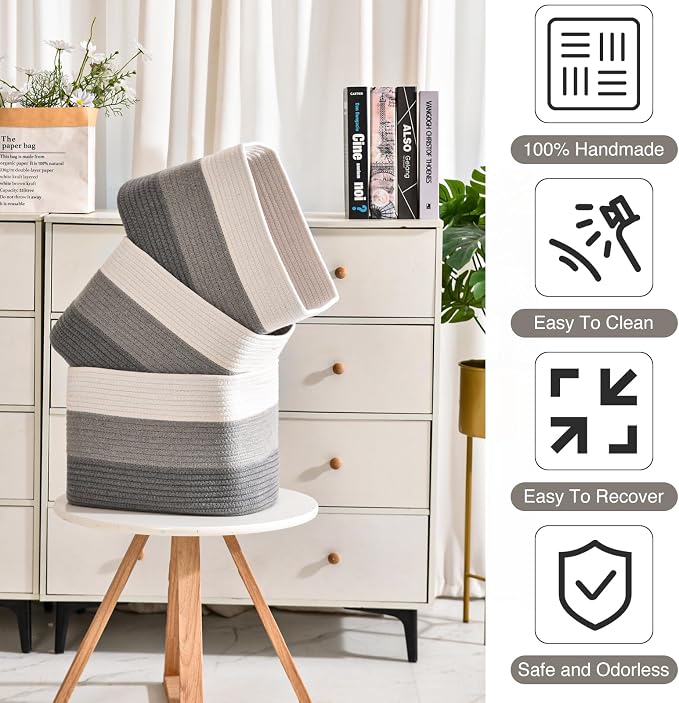 ICERZCZ Storage Baskets for Organizing Shelves, Woven Cotton Rope Baskets for Storage Books Towels Toys, Organizing Baskets, Toy Basket for Nursery Bathroom, 15"x11"x9.5", 3 Packs, Gradient Grey - Image 5