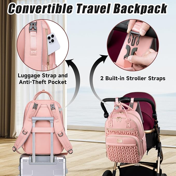 Tealari Diaper Bag Backpack,Stylish Baby Diaper Bag,Waterproof Travel Diaper Backpacks Baby Bags with Changing Pad,Stroller Straps,Insulated Pockets (Pink) - Image 4