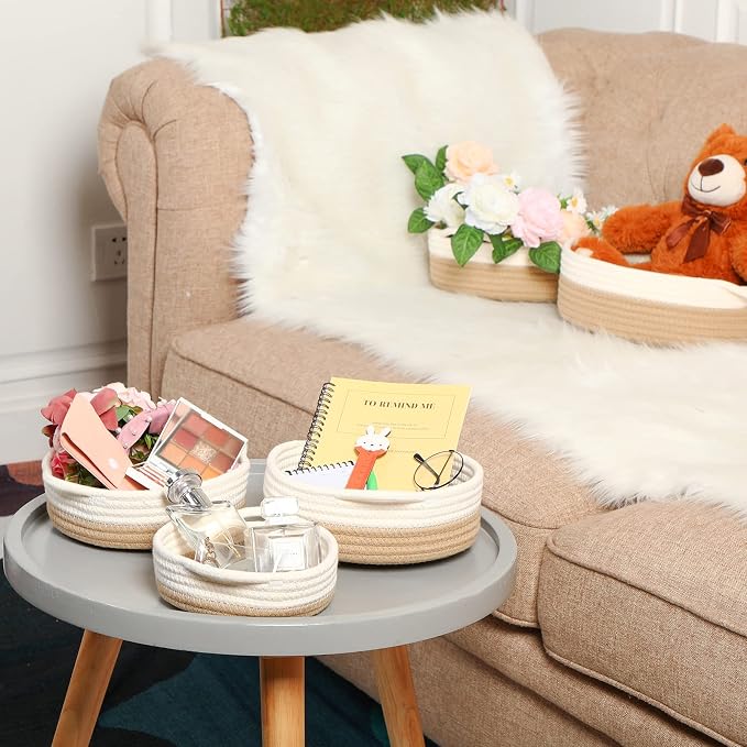 10 Pieces Woven Cotton Rope Basket Shelf Closet Organizer Bins Round Key Bowl for Entryway Table Shallow Montessori Baskets Key Tray for Home Decor Nursery Shelving Storage Organizing, 5 Sizes(Brown) - Image 4