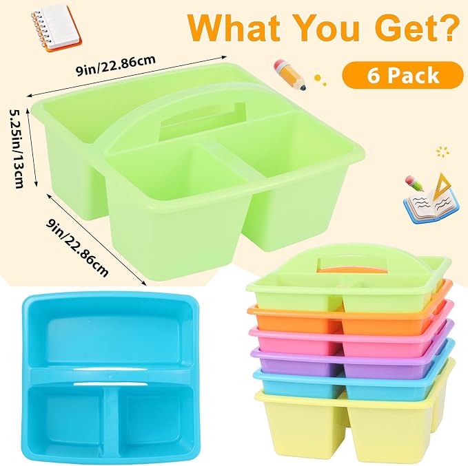 6 Pack Classroom Caddy with Handle Plastic Storage Caddy Organizer with 3 Compartments Desk Caddies Holder Portable Storage Bin for Pencil, Crayon, Marker, Home, Office, School Supply(Colorful) - Image 2