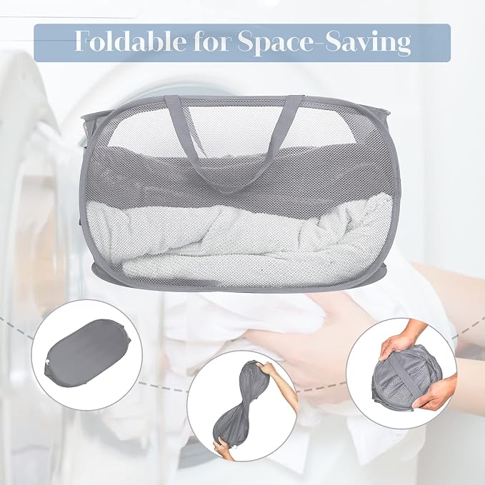 3 Pack Collapsible Laundry Baskets, Foldable Laundry Basket with Pocket, Mesh Pop Up Hampers, Reinforced Handles Dirty Clothes Hamper for Laundry, Bedroom, Bathroom, Dorm, Travel or Camping Grey - Image 4