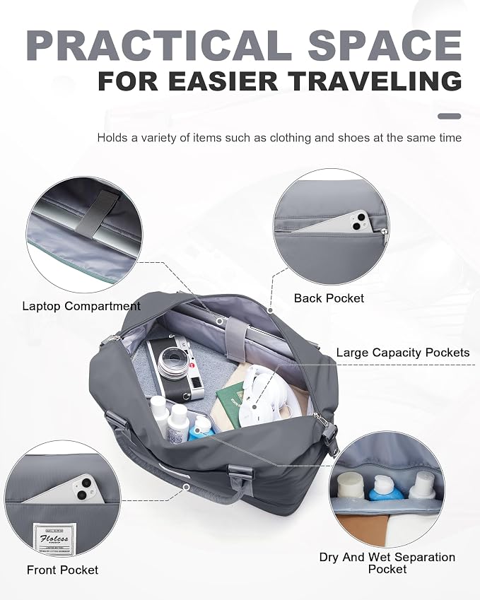 Travel Duffel Weekender Bag Women Tote Carry On Bags With Shoe Compartment | 18x14x8 inches Travel Overnight Bags with Trolley Sleeve for Airplanes Sport Tote Gym for Men Lightweight Daypack Grey - Image 3