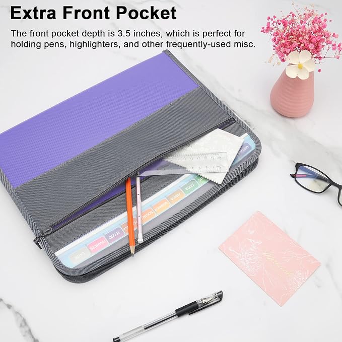 NAFY Accordion File Organizer, 13 Pockets Expanding File Folder with Zipper, A4 Letter Size Portable Accordion Expanding File Folders with 27pcs Multicolor Labels for Office School Supplies (Lavender) - Image 4