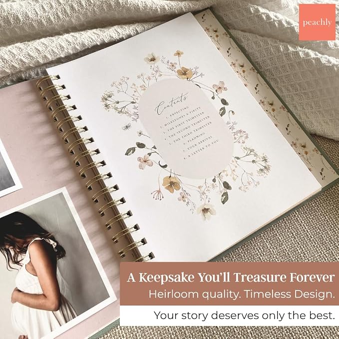 Peachly Pregnancy Journal for First Time Moms - Linen Memory Book (Sage) | Gift-boxed 110-page maternity keepsake & pregnancy scrapbook. Bump photo pages, hospital & newborn checklists, archival paper - Image 2