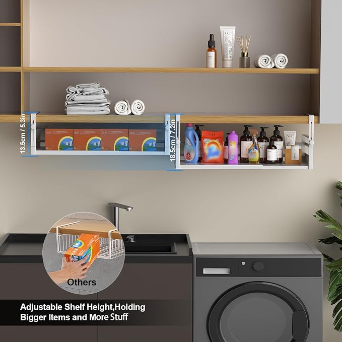 AmonHouseware 2Pack Expandable Under Shelf Storage Basket Organizer,White | Adjustable Hanging,Length Stretchable13-21Inch,Under Cabinet Shelf for Laundry Room Kitchen Pantry Desk Counter Cupboard - Image 4