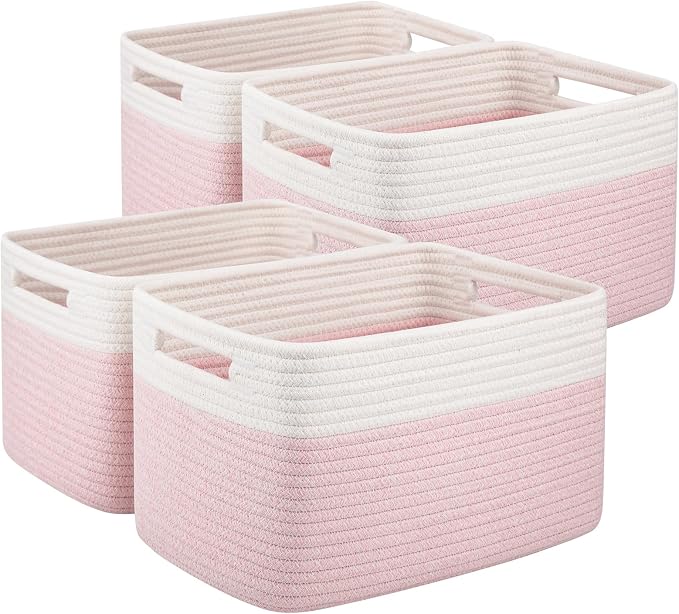 OIAHOMY 4 Pack Storage Basket, 13"x9"x7.8" Cotton Rope Baskets for Shelves, Closet Organizer for Bedroom & Living Room, Soft Decorative Bins for Organizing Towels, Books & Toys, Pink & White by MasterofSpaceOptimization