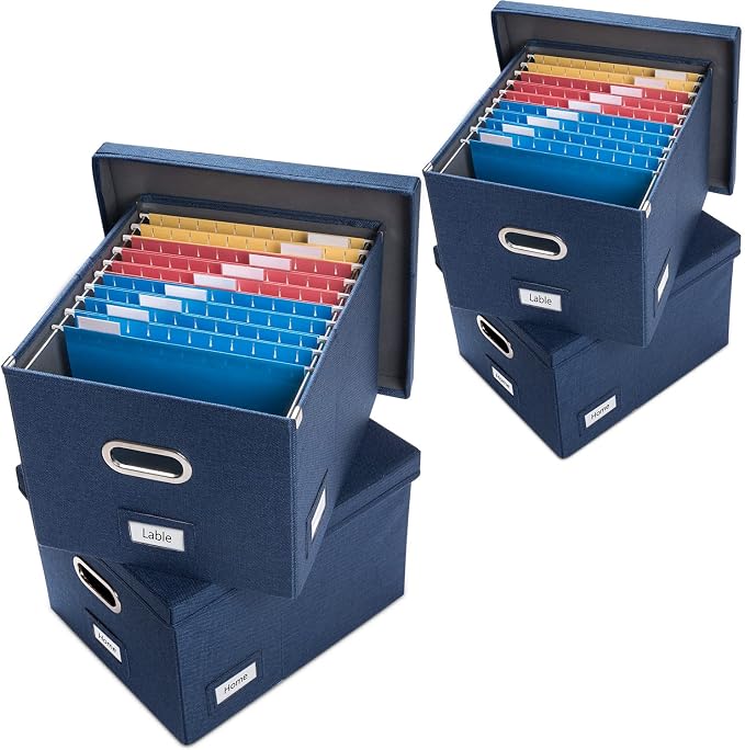 File Organizer Box - Set of 4 Collapsible Decorative Linen Filing Storage Hanging File Folders with Lids Office Cabinet Letter/Legal Size Navy Blue 17.1x14x11.1 inch by Prandom