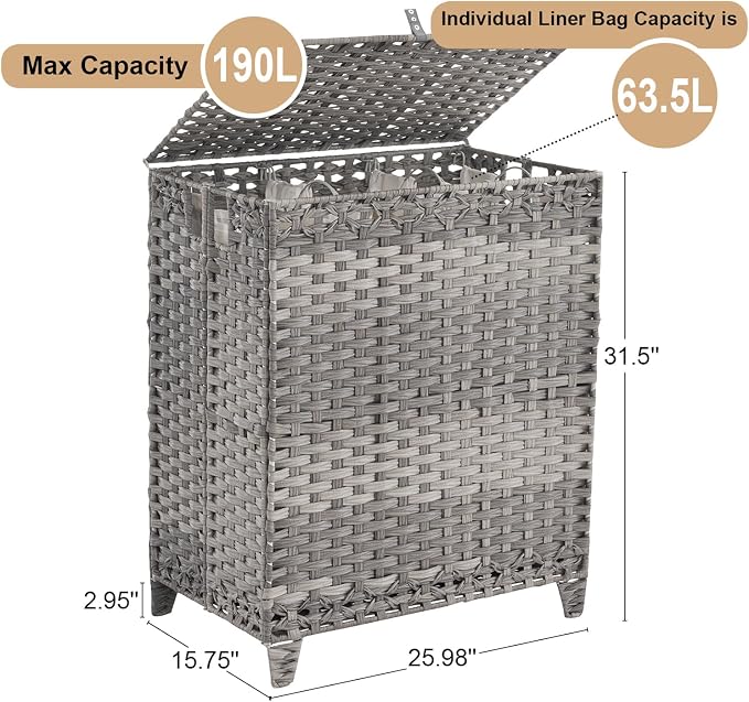 Laundry Hamper with Lid, 190L Large Laundry Basket 3 Section with 6 Removable Liner Bags & 3 Mesh Laundry Bags, Handwoven Rattan Clothes Hamper with Heightened Feet, No Install Needed, Grey - Image 4