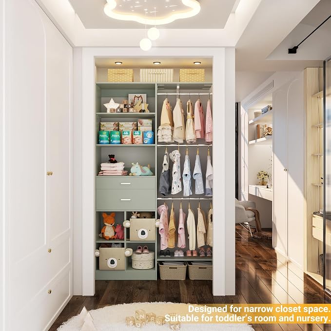 5FT Small Closet System, Baby Closet Organizer System with Wooden Drawers, 60 Inches Walk in Closet System with 5 Hanging Rods and 3 Reversible Hanging Shelving, Crab Green - Image 6