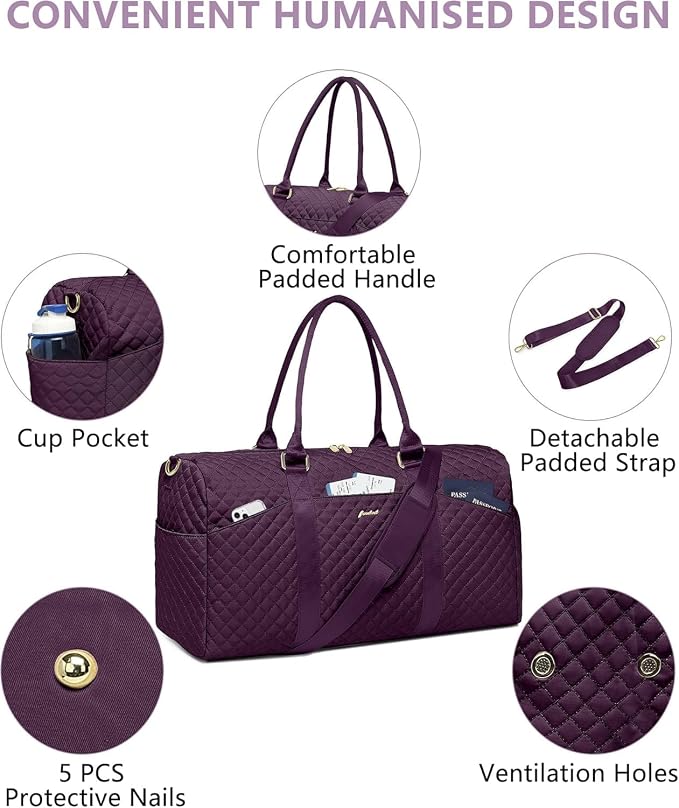 Women Weekender Travel Duffle Bag: Travel Duffel Overnight Bags with Shoe Compartment Large Carry on Tote with Toiletry Bag Weekend Traveling Yoga Gym Hospital Bag for Women with Wet Pocket Purple - Image 4