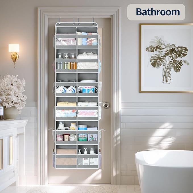 Yecaye 6-Tier Over The Door Organizer Dual-Column of 12 Compartments, College Dorm Essentials with Clear PVC Windows, Heavy Duty Door Organizer Hanging for Bedroom Bathroom Pantry Nursery, Grey 1 Pack - Image 8