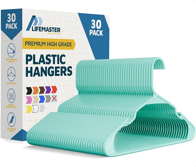 Lifemaster Plastic Clothes Hangers – Heavy Duty Hanger Set, for Organizing Clothes, Dresses, and Coat, Holds Up to 5 lbs, Space-Saving Hangers with Non-Slip Shoulder Grooves, Pack of 30, Aqua by LIFEMASTER