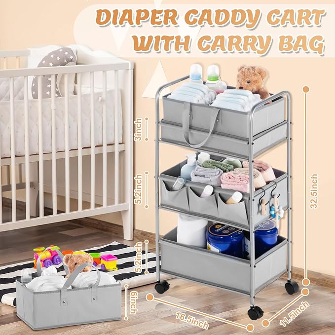 Honeydak 2in1 Baby Diaper Caddy Organizer Cart 3 Tier Large Capacity Metal Utility Bedside Rolling Cart with Divider Newborn Registry Nursery Essential Must Have Crib Bedroom Baby Shower(Gray) - Image 2
