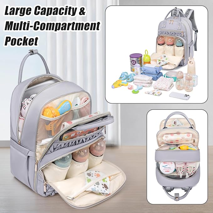 Tealari Diaper Bag Backpack,Stylish Baby Diaper Bag,Waterproof Travel Diaper Backpacks Baby Bags with Changing Pad,Stroller Straps,Insulated Pockets (Gray) - Image 6
