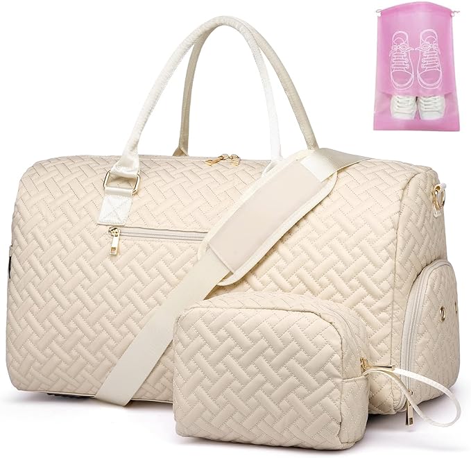 Duffle Bag for Travel, Weekender Bag with Shoe Compartment, Carry On Overnight Bag for Women with Toiletry Bag, Gym Bag with Wet Pocket, Hospital Bags for Labor and Delivery Beige by BAVERGE