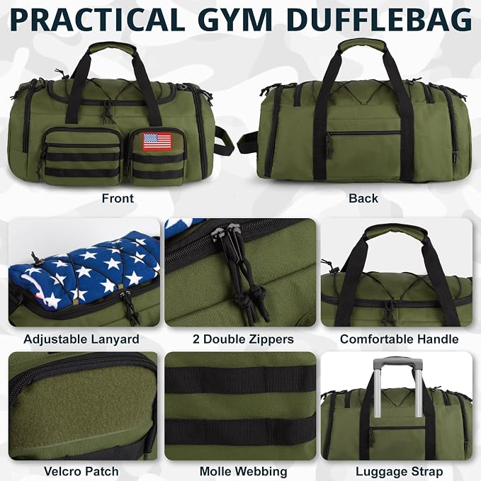 Tactical Gym Bag for Men,50L Large 3-in-1 Sports Duffle Bag for Travel Gym | Water Resistant ,Adjustable Shoulder Strap,MOLLE Weekender Overnight Bag with Shoes Compartment,Gym Backpack for Gym,Travel - Image 6