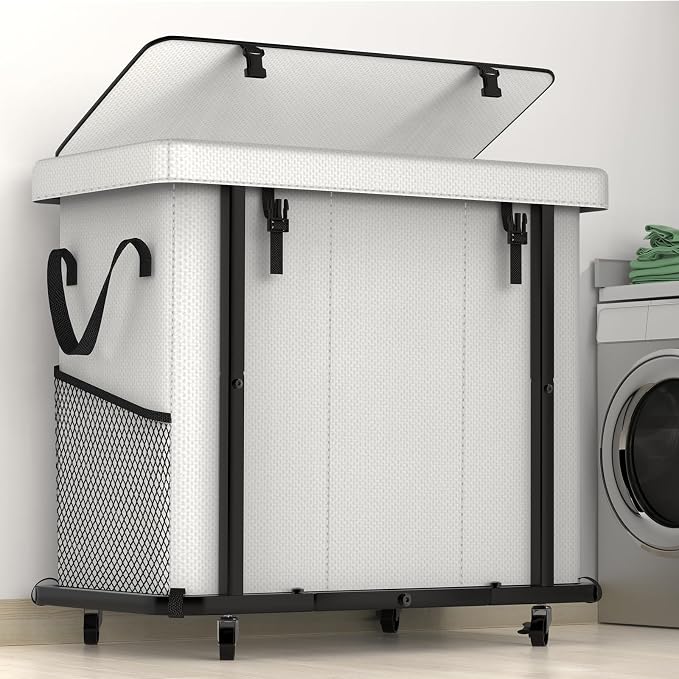Laundry Basket with Lid, 230L Rolling Laundry Hamper with Wheels,White | Dirty Clothes Hamper with Metal Frame and Removable Bag Design, Suitable for Laundry Room, Bedroom(3 Section) by Unlockyourhomestoragelife