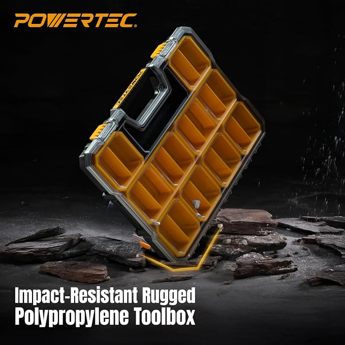 POWERTEC Small Parts Organizer & Tool Box – 20 Compartments, IP65 Water & Dust Protection, Stackable Storage with Interlocking Latch, Removable Bin, Divider, Clear Lid, Portable Design, 2PK (72366-P2) - Image 7