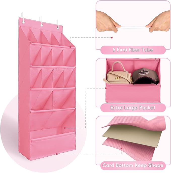 1 Pack Over-the-Door-Shoe-Organizers, Hanging Shoe Organizer Large Pocket | Shoe Holder Hanging Shoe Rack for Closet Shoe Organizer for Wall, Over Door Organizer with 15 Pockets for Boot, Sneaker, Pink - Image 2