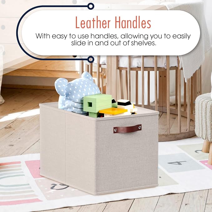 Ornavo Home 13x15x13 Foldable Fabric Storage Cube Bins, 6 Pack, Beige | Collapsible Linen Shelf Basket Organizer; Leather Handles; Fits Cube Storage Shelving Units - Image 4