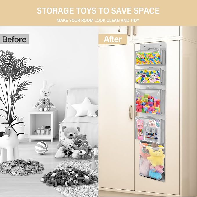 Woodoulogy 2PACK Hanging Toy Storage over Door, Block Stuffed Animal Organizer Idea with 4 Removable Case Bag, Bi-Fold Closet Holder with Mesh Pocket - Image 4