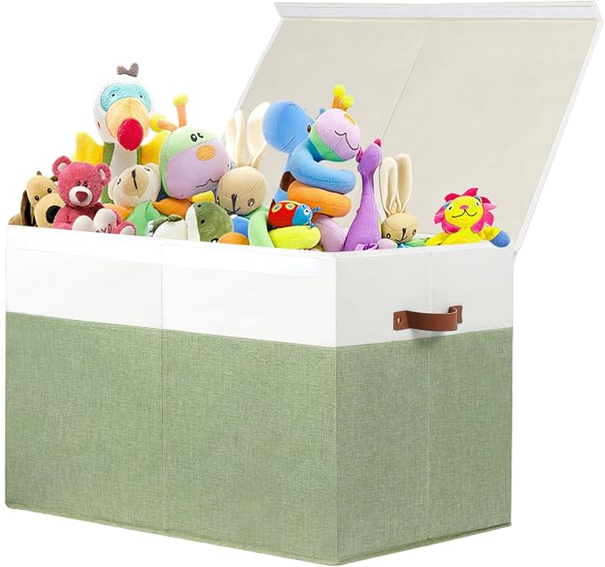 Large Toy Storage Box with Lid, Toy Chest Bin Boxes Basket with Dividers | Sturdy Toy Organizer Bin for Kids, Boys, Girls, Nursery, Living Room, Bedroom, Playroom 26"x17" x17" (Green and White) by Gowee