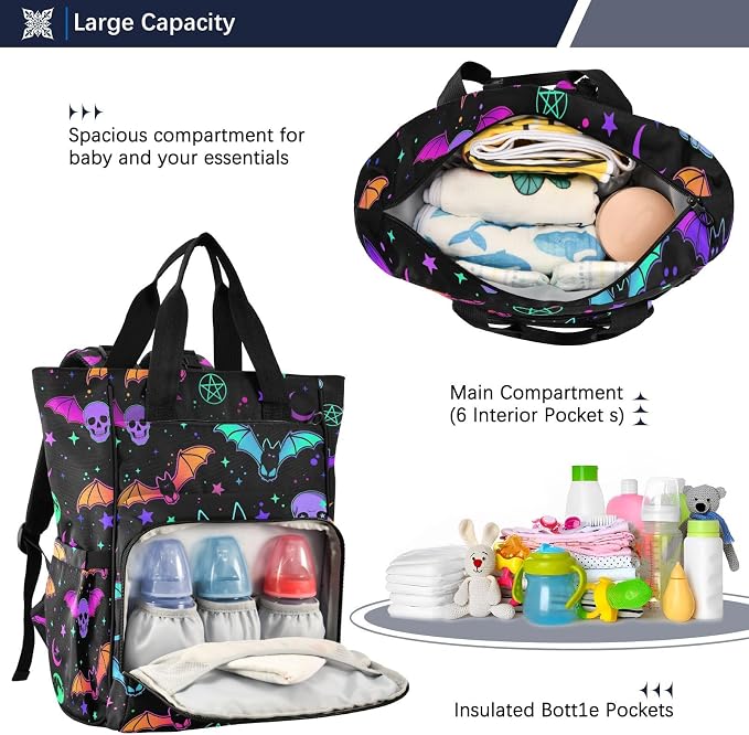 MNSRUU Diaper Bag Magic Skulls Bat and Animal Diaper Bag Backpack Multifunction Travel Diaper Bag Tote Large Capacity Diaper Changing Backpacks for Moms Dads - Image 5