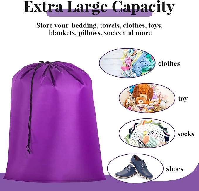 Woanger 12 Pack 28 x 45 Inch Extra Large Laundry Bags Bulk, Purple | Washable Polyester, Drawstring Closure, For Clothes and Bedding, Foldable for College Dorms, Hotels, Camping and Travel - Image 5