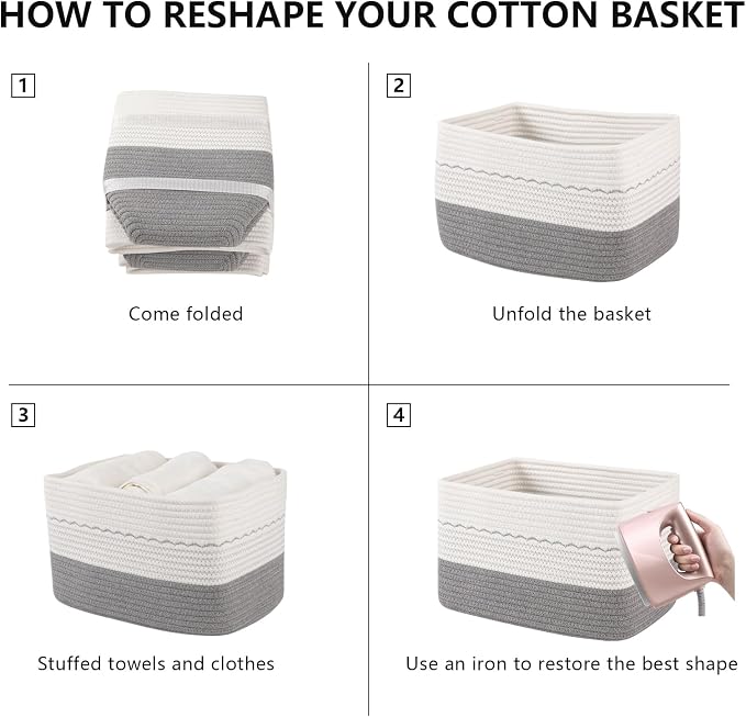 OIASKET 4 Pack Storage Baskets for Organizing, 13"X9"X7.87", Decorative Cotton Rope Baskets for Shelves, Small Woven Basket for Toys, Books and Towels, Grey & White - Image 8