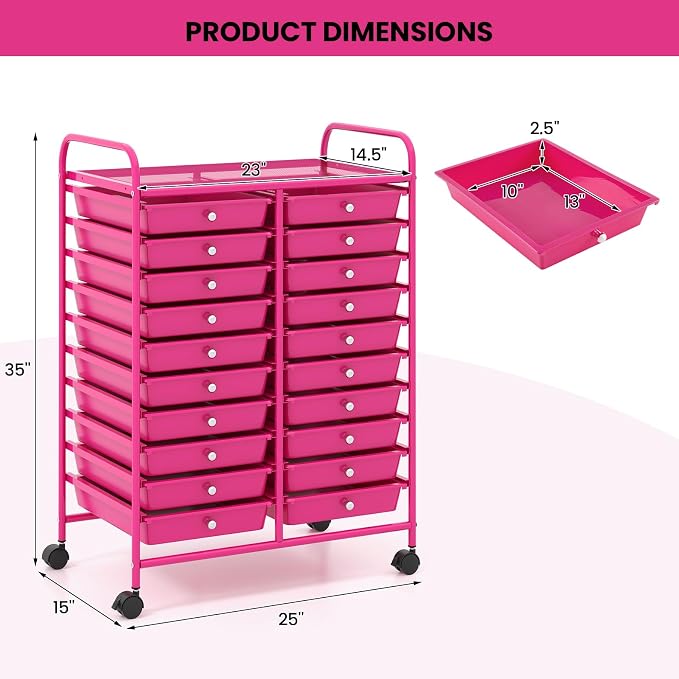 Giantex 20 Drawers Rolling Cart, Mobile Storage Drawer Cart, Classroom Organizer for Office School Supplies Teacher Tools Scrapbook Paper Craft Small Printer, Utility Stand on Wheels, Hot Pink - Image 3