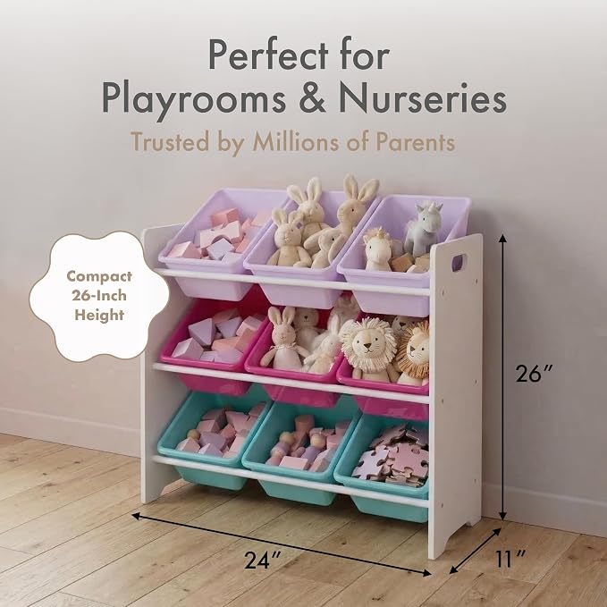 Humble Crew Kids Toy Organizer with 9 Bins, 3 Tier Storage for Playroom | Sturdy wood and steel toddler shelf, removable BPA-free containers, wall anchor anti-tip safety kit for bedroom or classroom - Image 2