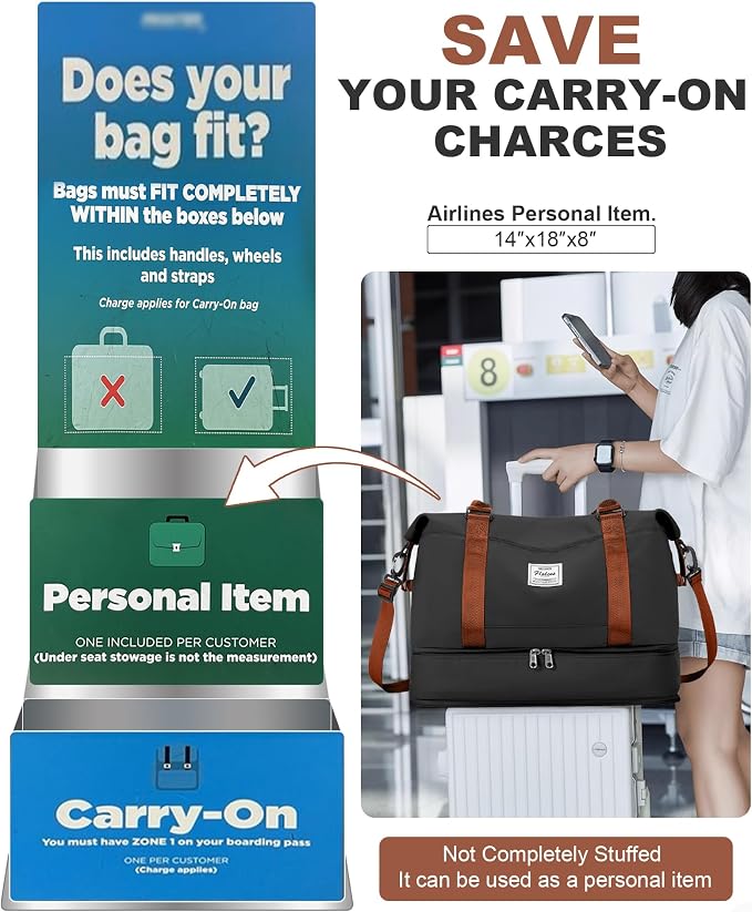 Travel Duffel Weekender Bag Women Tote Carry On Bags With Shoe Compartment | 18x14x8 inches Travel Overnight Bags with Trolley Sleeve for Airplanes Sport Tote Gym for Men Lightweight Daypack BlackBrown - Image 2