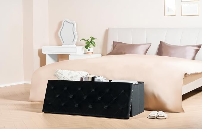 PINPLUS Folding Storage Ottoman Bench, Black Faux Leather Long Ottoman Chest, Footrest Seat, Blanket Storage for Living Room Bedroom Office Hallway, 43.3"x15"x15" - Image 8