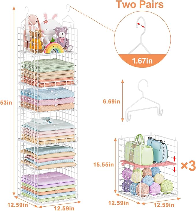 Yuyetuyo 6 Tier Raised-Height Hanging Closet Organizer, Stackable Sweater Organizer for Closet, Wire Storage Basket Bins for Clothes Purse Shoes, Hanging Shelves with 4 Hooks & 3 Dividers Adjustable - Image 3