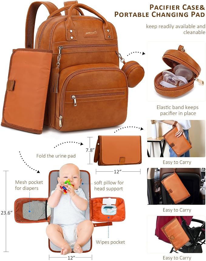 ROSEGIN Premium Vegan Leather Diaper Bag Backpack with Waterproof Changing Pad, Reinforced Zippers & Odor-Free, 20 Pockets Pro Organizer, Fits 15.6" Laptop, Stroller Straps, Baby Bag for Mom, Brown - Image 3