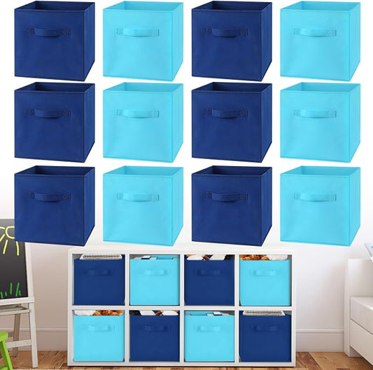 Yinder 12 Pcs Cube Storage Bin Blue 10.5''x10.5''x11'' Storage Bins for Playroom Decor Colorful Bins for Kids Foldable Baskets for Nursery Organizer Boxes Fabric Boxes(Dark and Light Blue) by Yinder