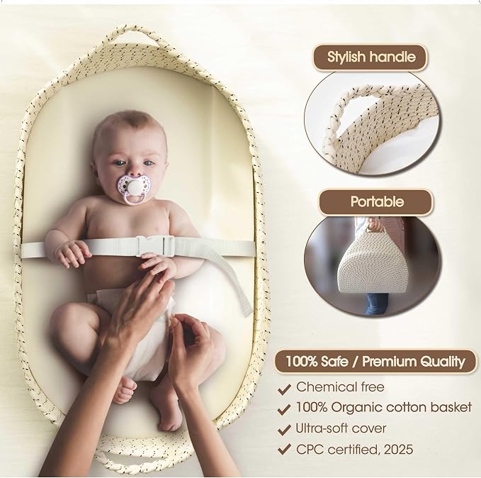 Baby Changing Basket - Soft & Waterproof Dual-Cover, Portable, Moses Basket, Changing Pad for Dresser & Changing Table, Gift for Baby Shower, Organic Cotton Rope - Image 2