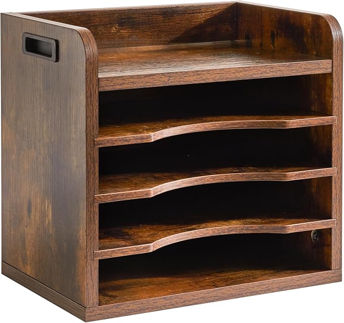 YMYNY Desktop File Organizer with Handle, Document Letter Mail Tray Sorter with 3 Adjustable Shelves, 5 Tiers Paper Holder for School Home Office Desk, Rustic Brown,13.4 * 12.4 * 9.06" UHBC006H - Image 8