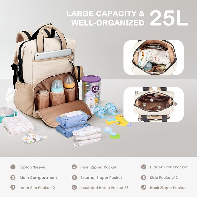 VONAL Diaper Bag Backpack, Lightweight Baby Diaper Bags, Travel Large Diaper Bag with Changing Station, Khiki Diaper Backpack for Boys Girls Newborn with Insulated Pockets, Stroller Straps - Image 3